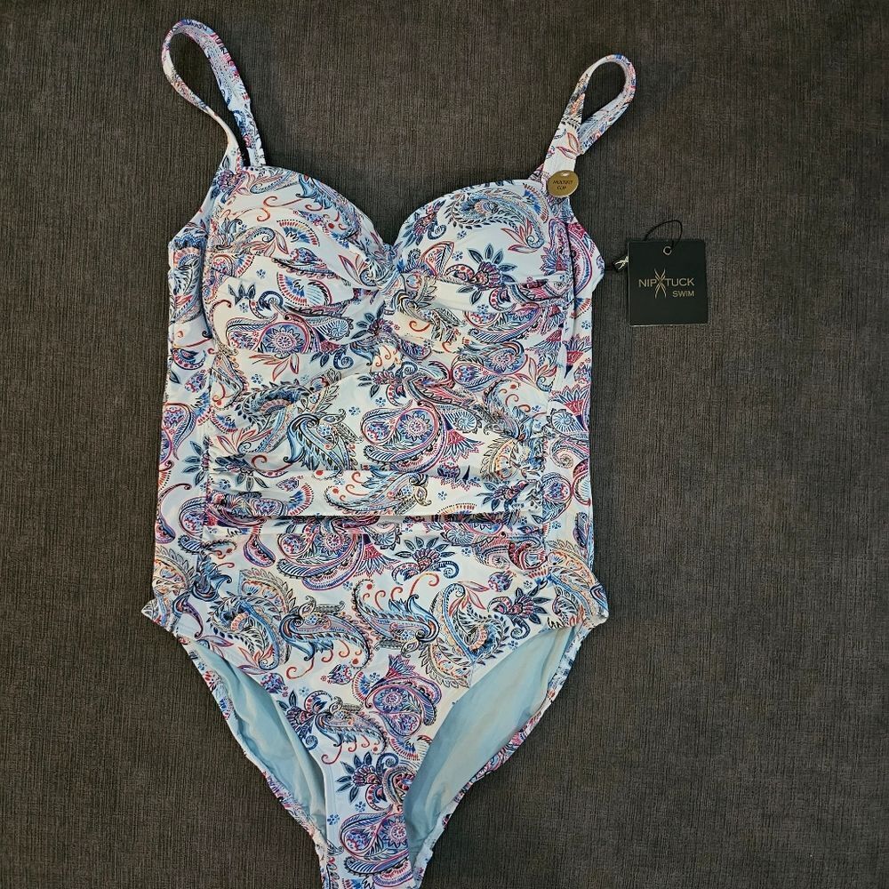 Niptuck White Amanda Paisley Tummy Control one piece Swimsuit size 8